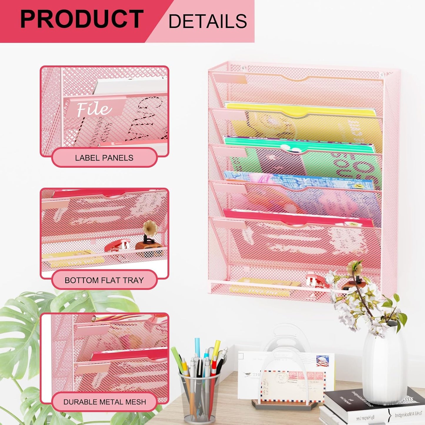 Wall File Organizer Holder Mesh Hanging Paper Document Holder,Vertical 6 Pocket Tier for Office Home, Black