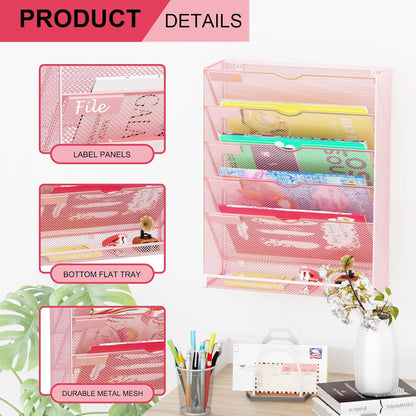 Wall File Organizer Holder Mesh Hanging Paper Document Holder,Vertical 6 Pocket Tier for Office Home, Black