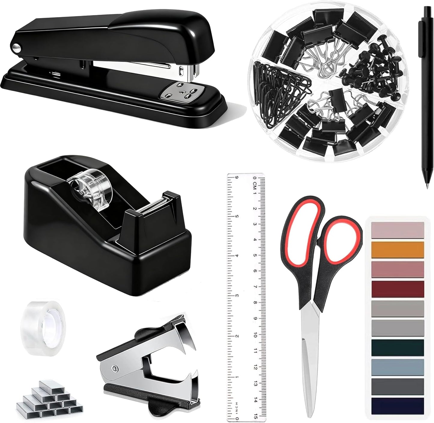 Gold Desk Accessories, Office Desk Organizers and Accessories 360°Pen Holder Acrylic Stapler Set, Phone Holder, Ballpoint Pen, Scissor, Binder Clips, Ruler, Transparent Glue, Sticky Note and Staples.