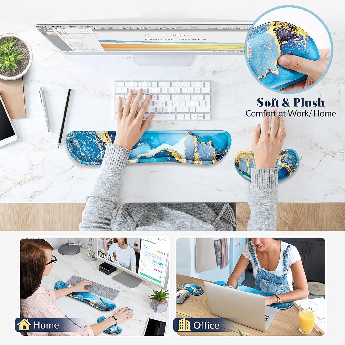Gimars Upgrade Enlarge Silky and Superfine Fabric Gel Memory Foam Keyboard Wrist Rest Set, Ergonomic Keyboard Mouse Wrist Support for Typing Pain Relief, Comfort for Office, Gaming, Computer