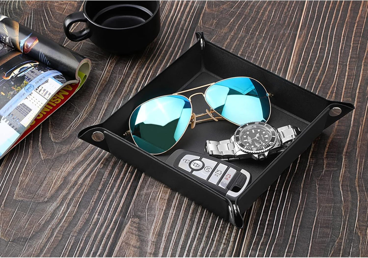 Luxspire Valet tray, PU Leather Tray, Catchall Tray, Men Women Jewelry Key Tray, Desk Storage Plate for Key Coin Phone Jewelry Wallet, Medium Size - Black