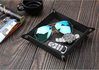 Luxspire Valet tray, PU Leather Tray, Catchall Tray, Men Women Jewelry Key Tray, Desk Storage Plate for Key Coin Phone Jewelry Wallet, Medium Size - Black