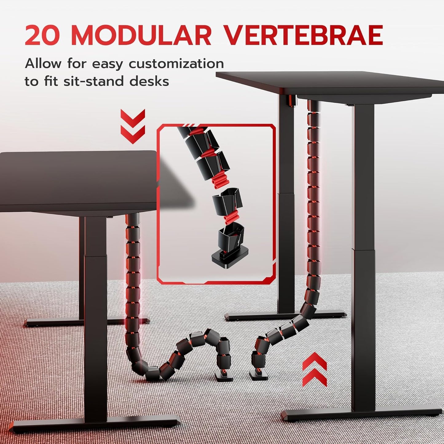 ARES WING Under Desk Cable Management Spine, Magnetic Vertebrae Cable Management for Standing Desk, Length Adjustable Cord Organizer with 20 Modular Vertebrae for Office and Gaming Desks, Red
