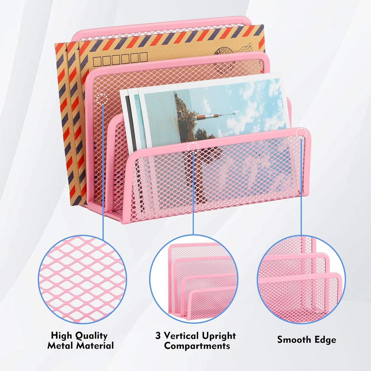 EASEPRES Desk Mail Organizer, Office Small Desktop Metal Mesh Envelope Letter Sorter Paper File Holder Organizer with 3 Vertical Upright Compartments, Black 1 Pack