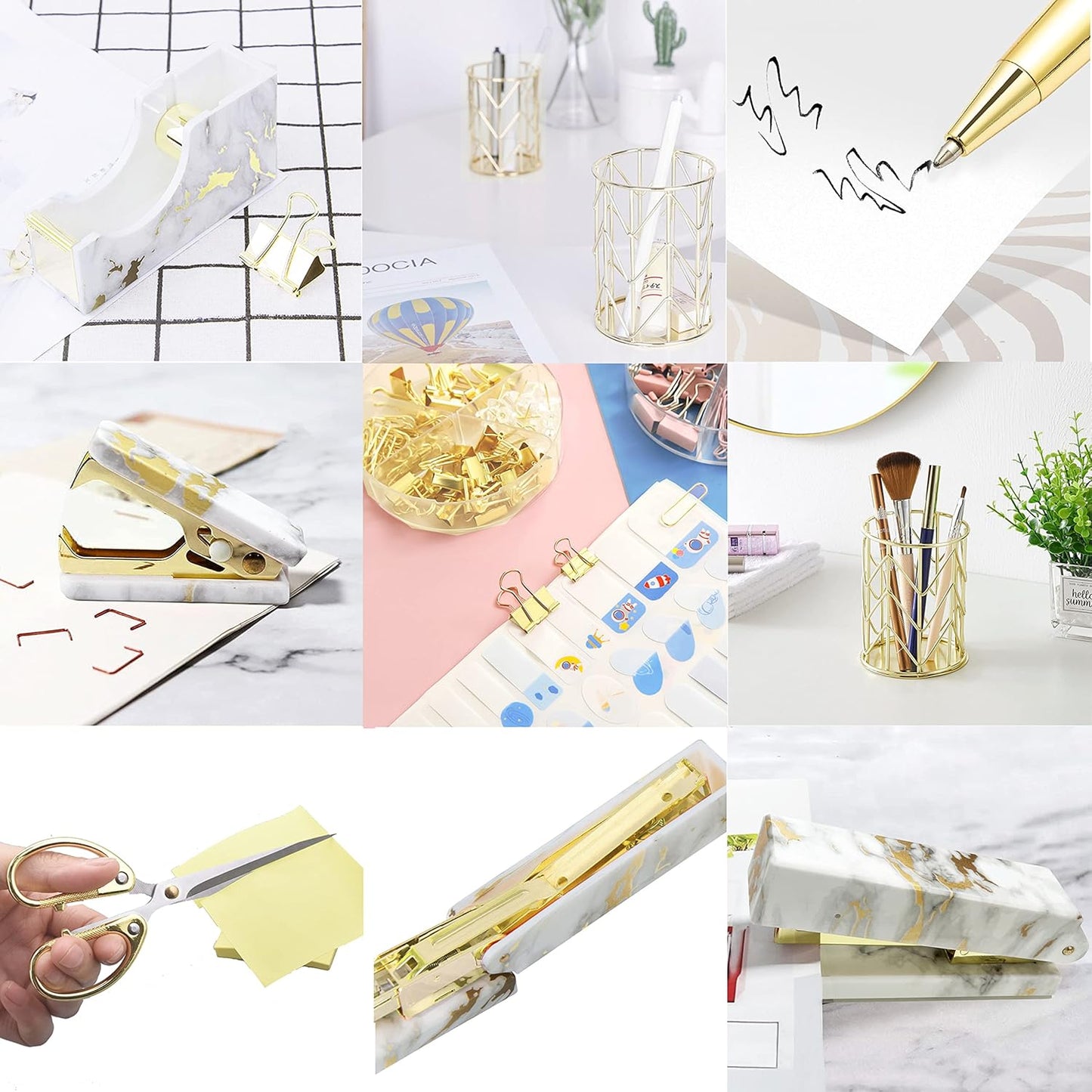 Famassi Rose Gold Desk Accessories，Office Supplies Set Acrylic Stapler Set Staple Remover, Tape Holder, 2 Ballpoint Pen, Scissor, Binder/Paper Clips and 1000pcs Staples.