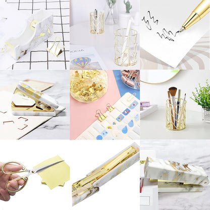 Famassi Rose Gold Desk Accessories，Office Supplies Set Acrylic Stapler Set Staple Remover, Tape Holder, 2 Ballpoint Pen, Scissor, Binder/Paper Clips and 1000pcs Staples.