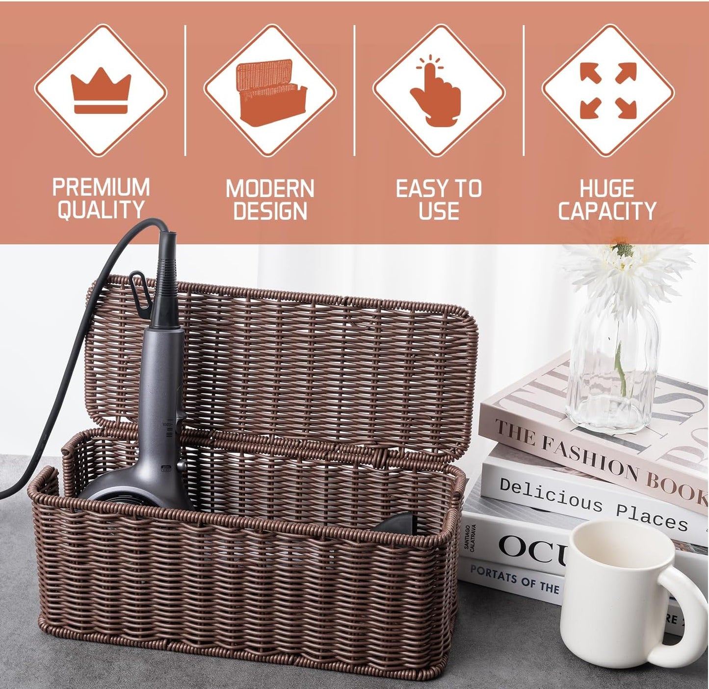 Cable Management Box, Handmade Rattan Cable Organizer with 2 Open Slots, Cord Hider for Power Strip, Router & USB Hub, Registered U.S. Design Patent (D1,112,102), 13" x 5.1" x 5.1", Natural