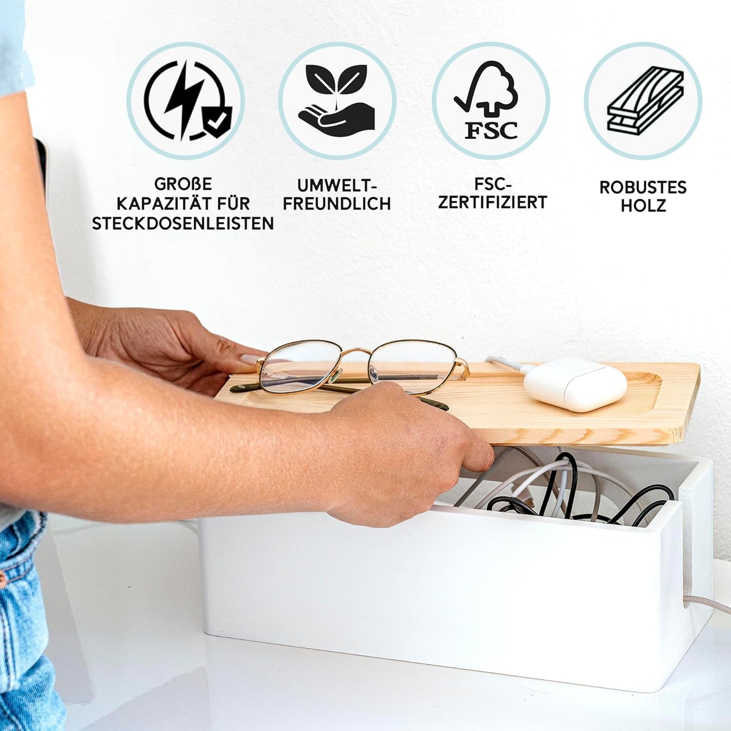 NATURE SUPPLIES Set of 2, Wood Cable Management Boxes, Large and Medium Cord Organizer to Hide Wires and Power Strips for TV, Desk, Computer, Router, Cable Storage and Home Office Organization, White