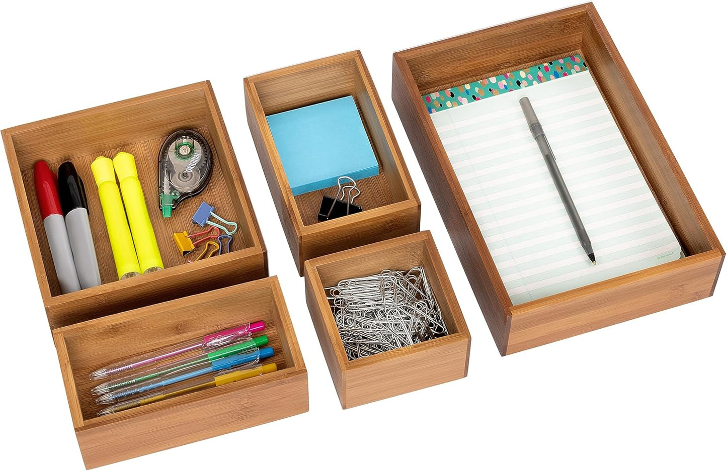 Seville Classics Bamboo Premium Organizer Storage Bins for Kitchen Silverware, Pantry, Closet, Office Desk, Pens, Utensils, Makeup, K Cup, Bamboo, Bag Holder Bin Set (4 Piece)