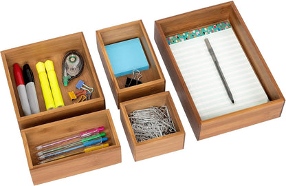 Seville Classics Bamboo Premium Organizer Storage Bins for Kitchen Silverware, Pantry, Closet, Office Desk, Pens, Utensils, Makeup, K Cup, Bamboo, Bag Holder Bin Set (4 Piece)