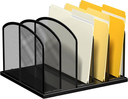 Gawerk Large Size Desk File Organizer, Metal Mesh Vertical Desktop File Holder, 5-Section file organizer for Desk Home Office Black