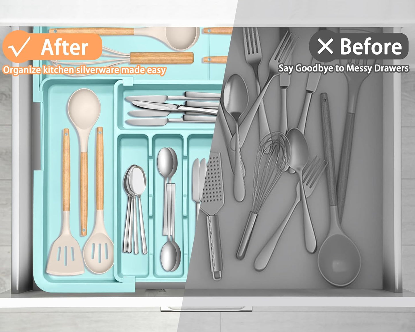Spaclear Silverware Organizer Expandable Kitchen Utensil Drawer Organizer Large BPA Free Adjustable Cutlery Silverware Tray for Spoons Forks Knives Storage Divider for Kitchen Flatware 6-9 Slots Black