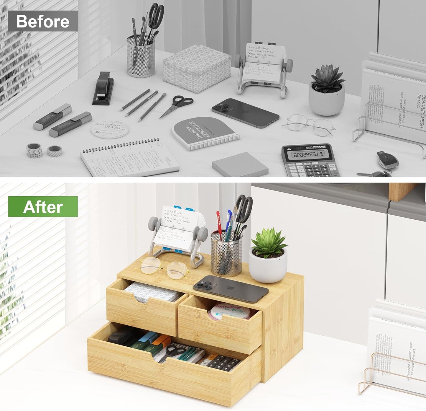 Bamboo Desk Organizer with Drawers - Small Desktop Storage Container for Countertop & Tabletop - No Assembly Required