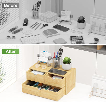 Bamboo Desk Organizer with Drawers - Small Desktop Storage Container for Countertop & Tabletop - No Assembly Required