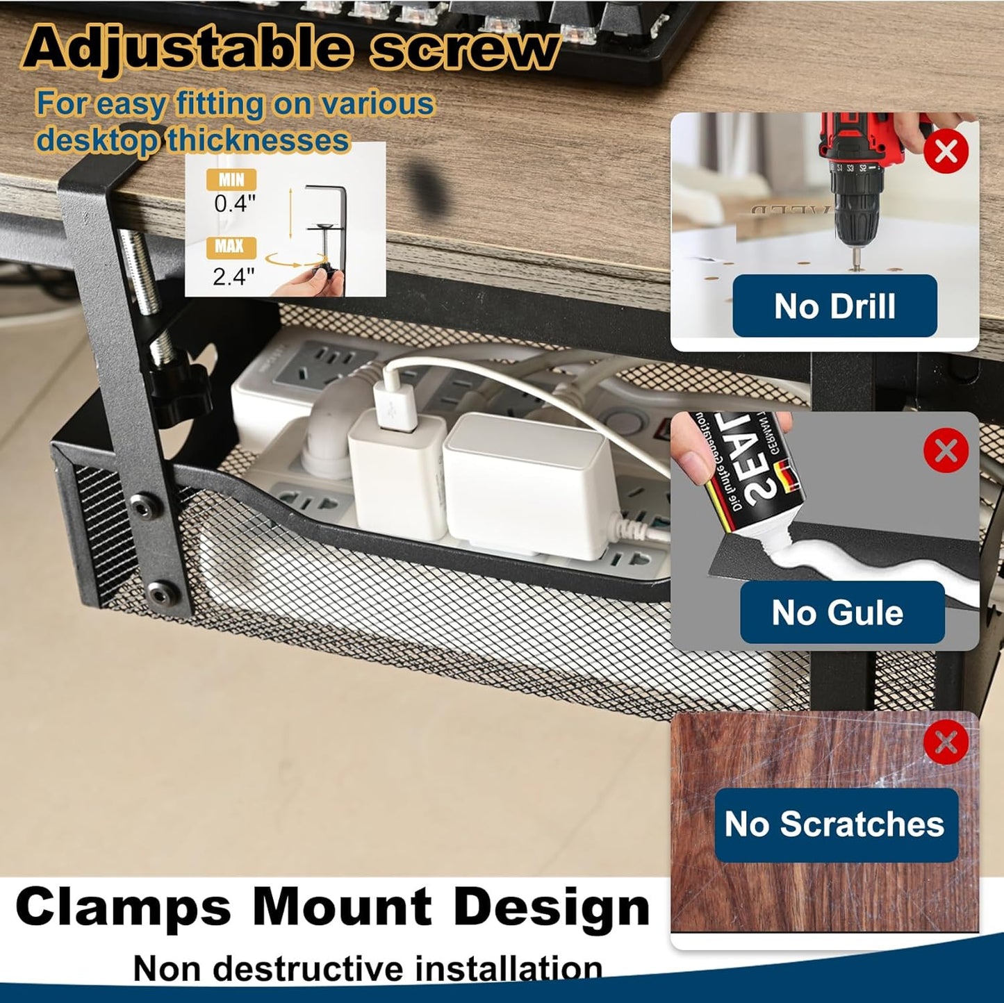 Extra Wide Under Desk Cable Management - No Drill Installation Cable Management Tray, Modern Cord Organizer for Office/Home Desk, Fits Power Strips & Wires((White, XL)