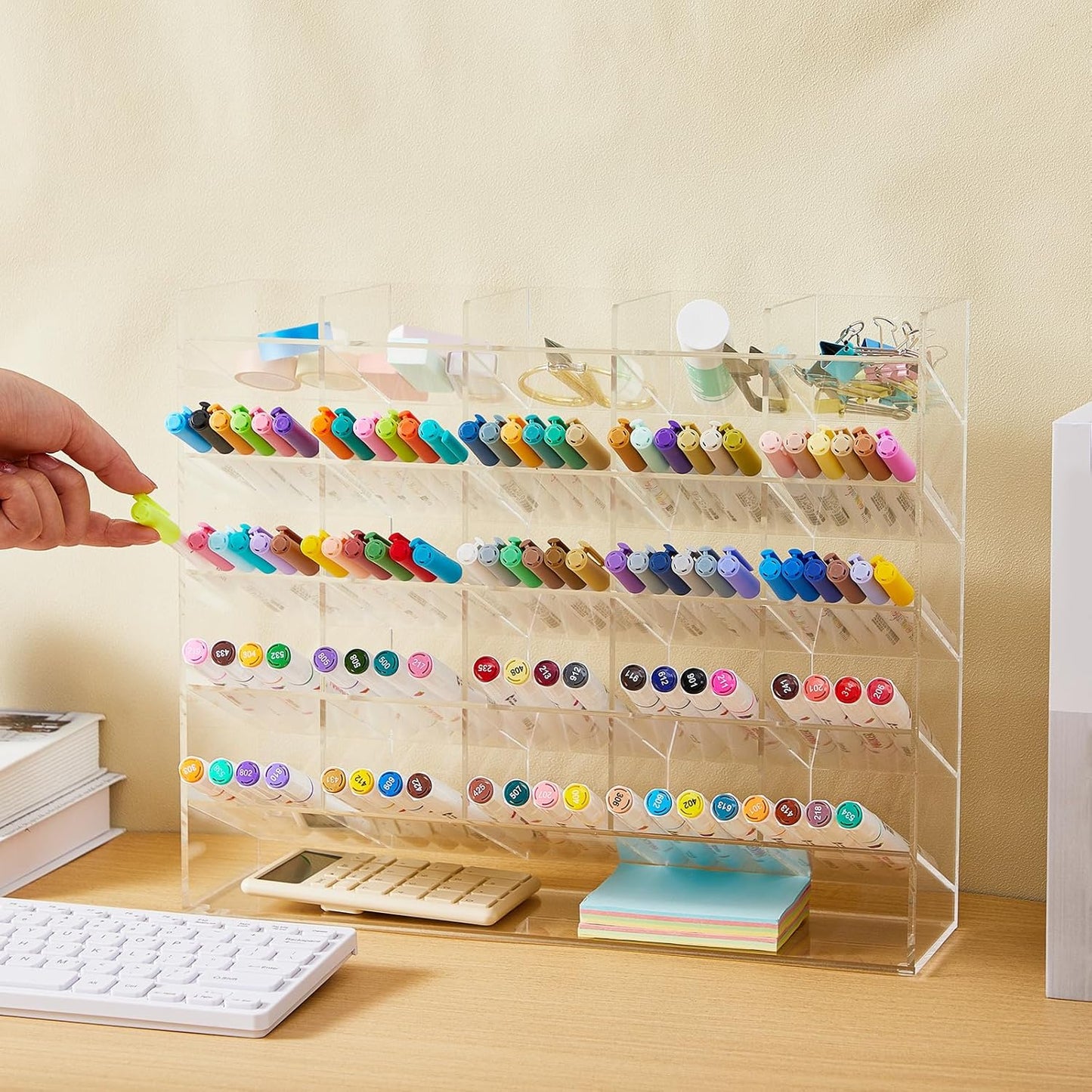 MotiMind Acrylic Pen Organizer Storage for 250 Markers Vertical Marker Organizer Acrylic Pen Display Holder for Office Desk Desktop Stationery Pencil Storage, Clear, 13 x 4 x 12.4 Inch