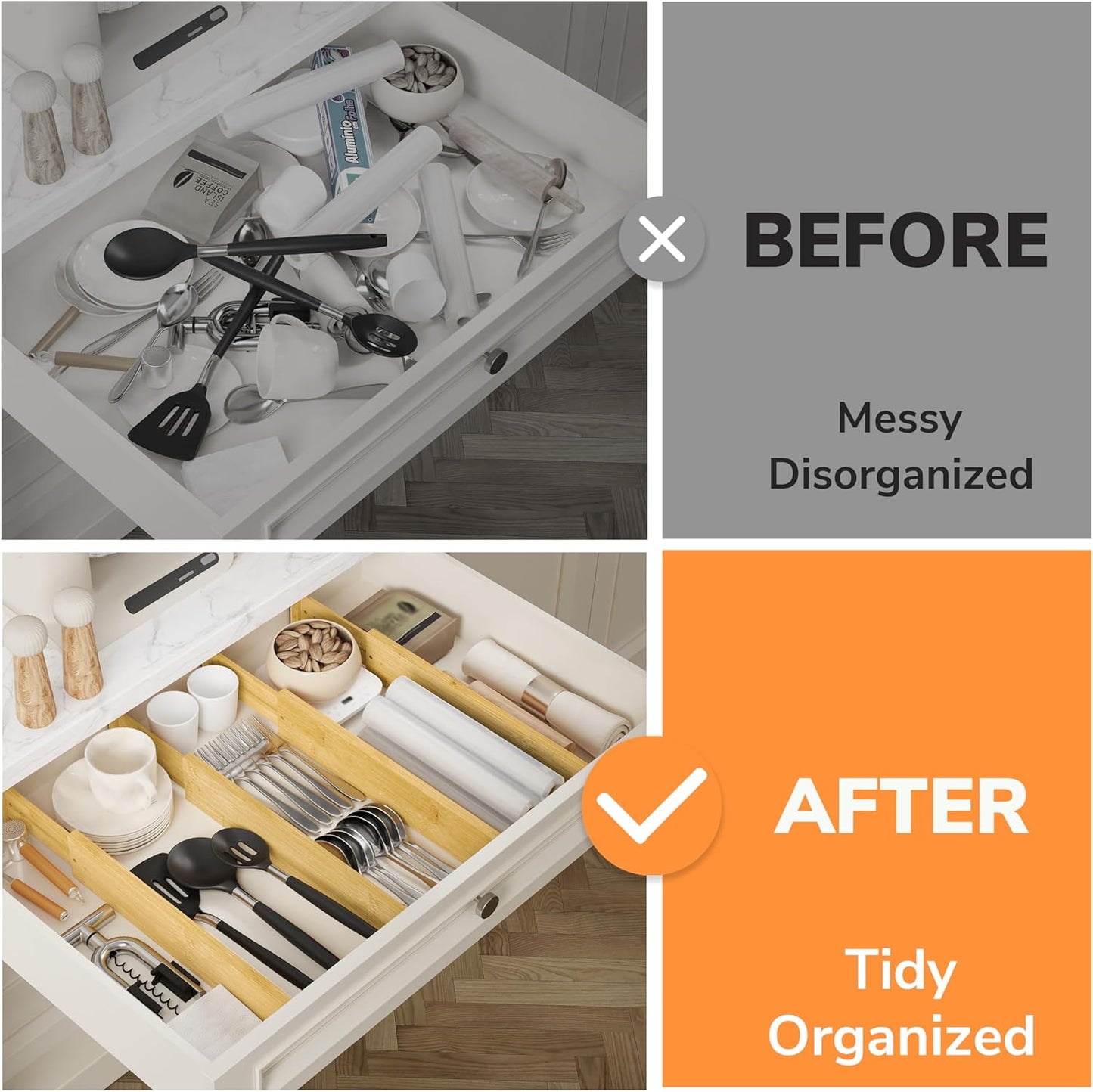 BAMEOS Drawer Dividers kitchen Organization Bamboo Utensil Organizers for Kitchen Bedroom Bathroom Dresser Office 4-pack