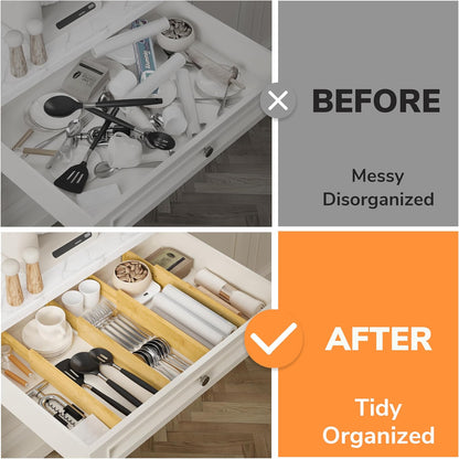 BAMEOS Drawer Dividers kitchen Organization Bamboo Utensil Organizers for Kitchen Bedroom Bathroom Dresser Office 4-pack