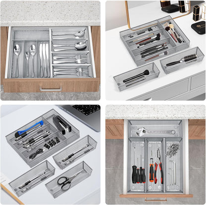 Neudeco Drawer Organizer Set 6 Pack - 5-Compartment Silverware Organizer Tray + 5 Utensil Trays, Kitchen Drawer Organizer for Flatware, Cutlery, Office Supplies, Black Mesh, Non-Slip.
