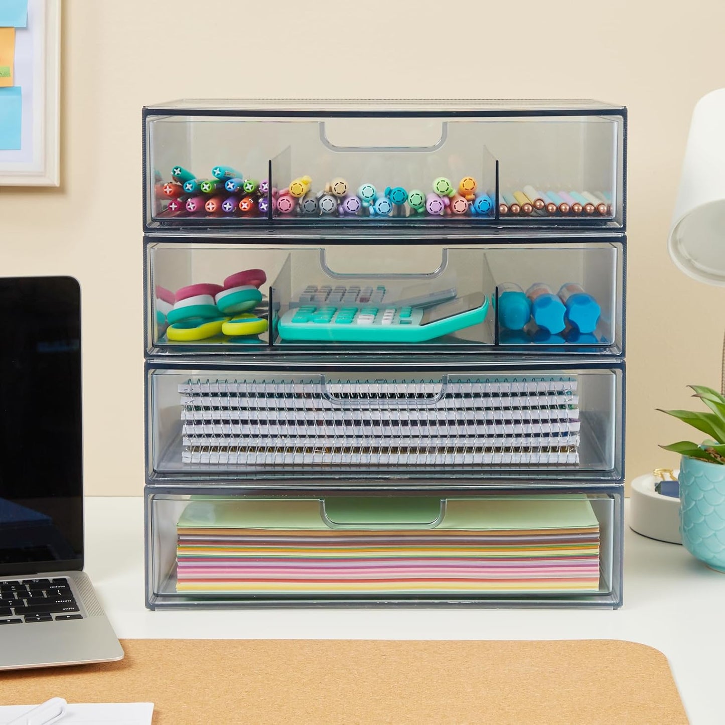 STORi STAX Plastic Stackable Organizer Drawers (Set of 2) Clear | 12.5" Wide | Set Includes Two Open Drawer | Organize Office Desk Accessories & Sort Paper | Made in USA