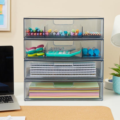 STORi STAX Plastic Stackable Organizer Drawers (Set of 2) Clear | 12.5" Wide | Set Includes Two Open Drawer | Organize Office Desk Accessories & Sort Paper | Made in USA