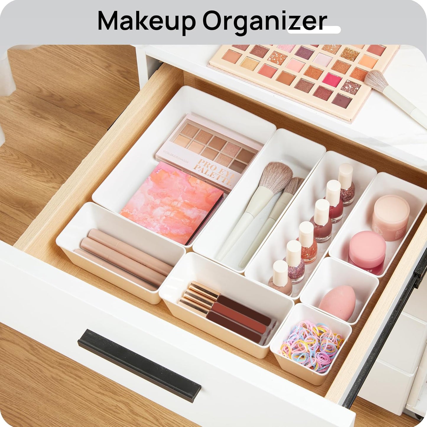 Vtopmart 44 PCS Clear Plastic Drawer Organizers Set, 4-Size Versatile Bathroom and Vanity Organizer Trays, Non-Slip Storage Containers for Makeup, Jewelries, Bedroom，Kitchen Utensils and Office