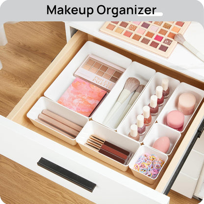 Vtopmart 44 PCS Clear Plastic Drawer Organizers Set, 4-Size Versatile Bathroom and Vanity Organizer Trays, Non-Slip Storage Containers for Makeup, Jewelries, Bedroom，Kitchen Utensils and Office