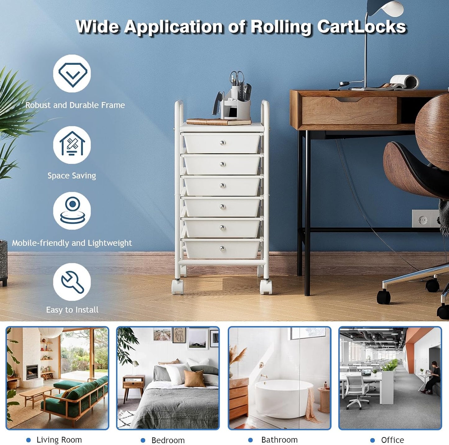 4-Tier Utility Cart with 4 Drawers, Rolling Utility Cart with 2 Lockable Caster Wheels, Multipurpose Mobile Rolling Drawer Cart for Office Bathroom Kitchen, Ivory White