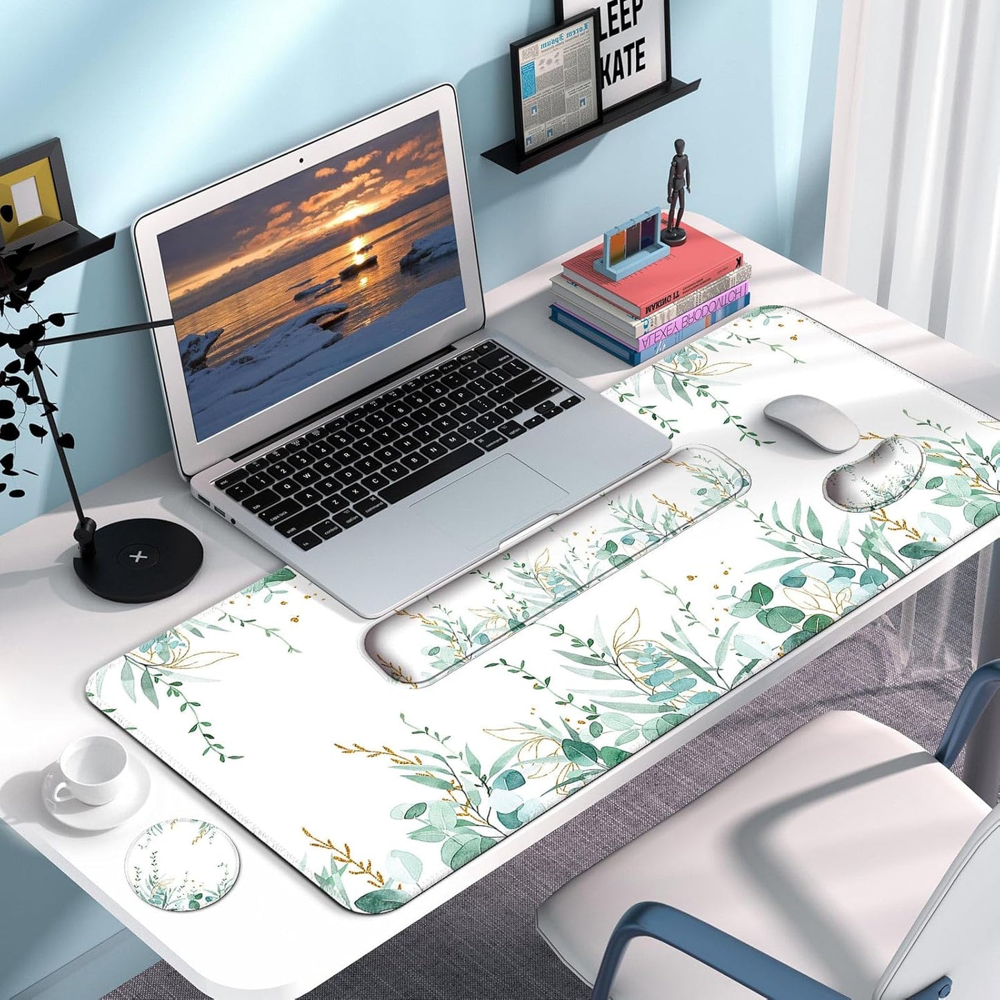Keyboard Wrist Rest + Mouse Pad with Wrist Support + Desk Mat + Coaster 4 in 1 Set, XXL Large Gaming Mousepad Cute Ergonomic Mouse Pads for Desk Computer Laptop Office Decor-Beach