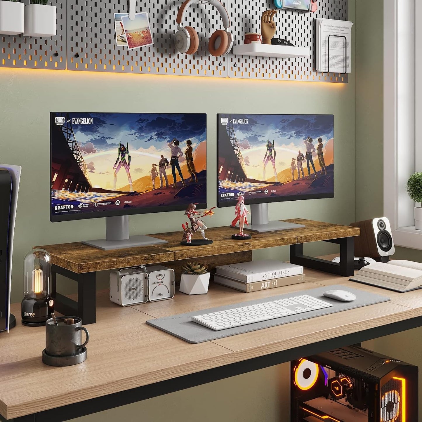 WESTREE Dual Monitor Stand Riser, Wood and Steel Multi-Purpose Desktop Storage Stand for 2 Monitors for Computer, Laptop, Printer, TV, Rustic Brown