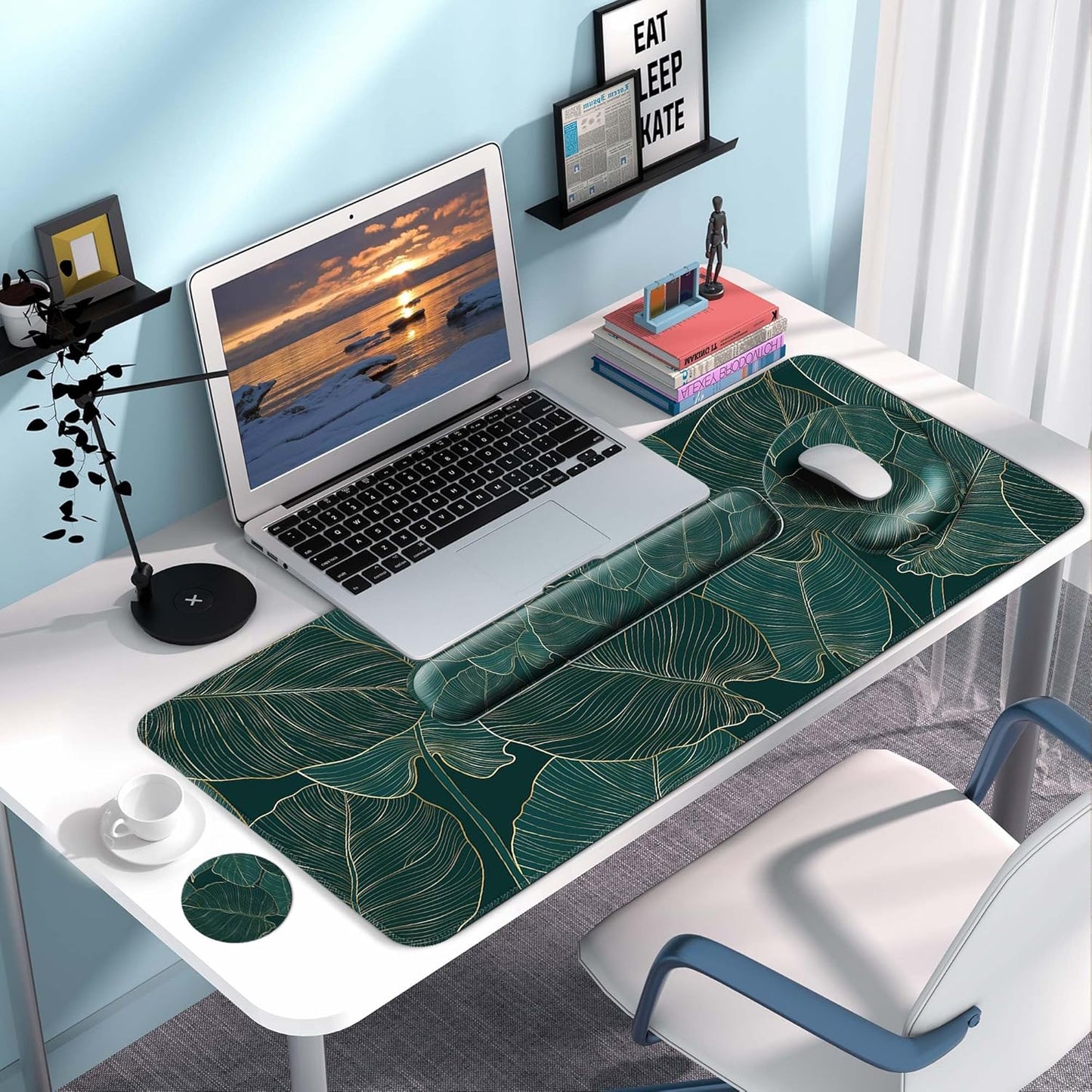 Desk Mat Set + Keyboard and Mouse Pad with Wrist Rest Support,4-in-1 Large Mousepad Computer Mats for Desktop Home & Office-Purple Butterflies