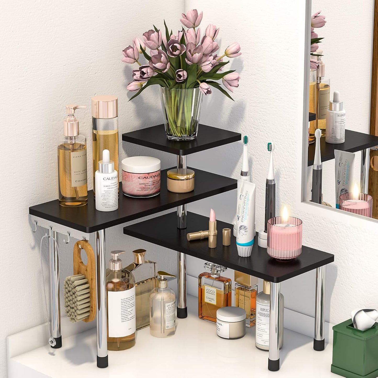 ZHWS Kitchen Countertop Organizer Spice Rack for Salt, Bathroom Counter Organizer Over Sink for Makeup, Skincare, Adjustable 3-Tier Corner Counter Shelf with 4 Hooks for Coffee Bar Dresser Table