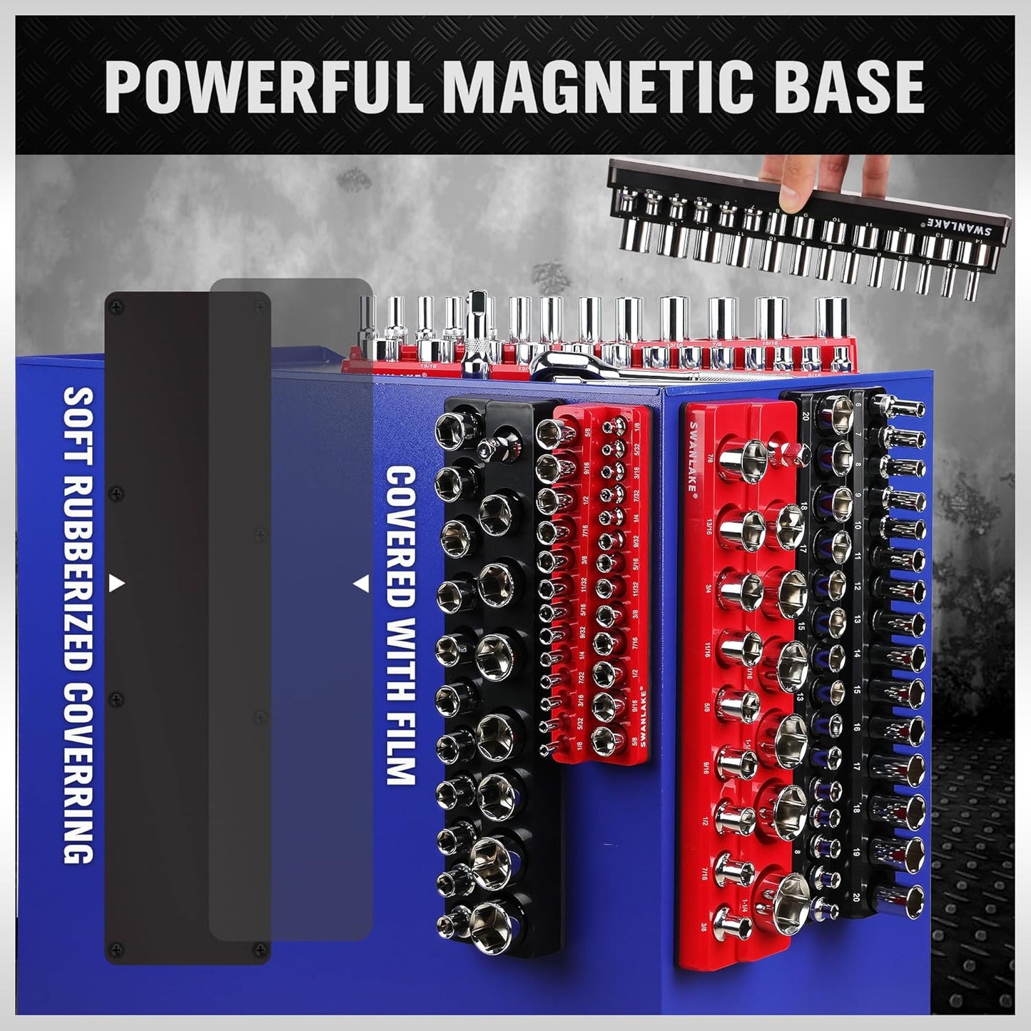 Magnetic Socket Organizer Set, 6PCS Socket Holder, 1/4", 3/8", 1/2" Sockets Holds 143 Pieces Magnetic Sockets Trays (Blue&red, 6 Pcs)