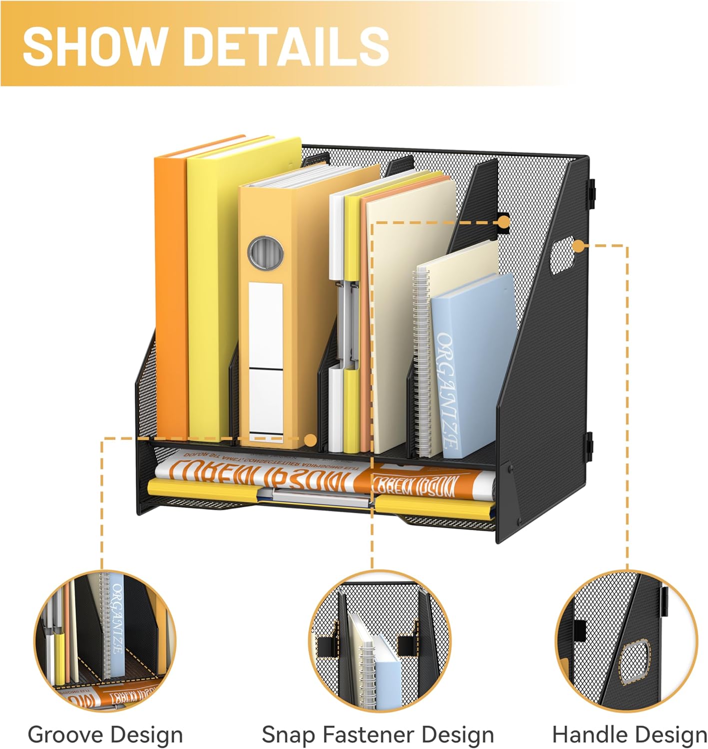 DALTACK Magazine File Holder, 5 Vertical Compartments Rack Binder Holder with Paper Tray, Metal Magazine Organizer for Office, Home, School (Black)