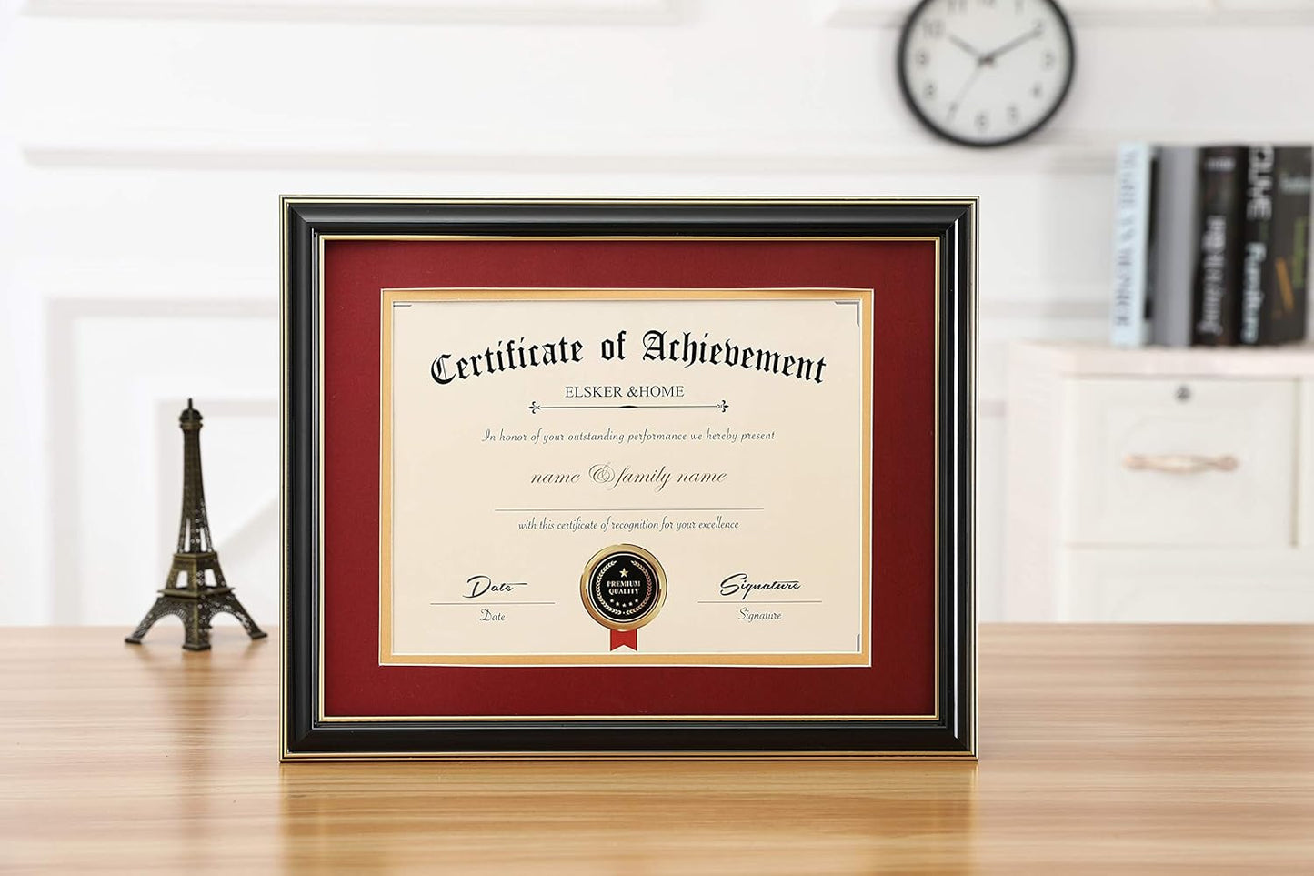 ELSKER&HOME Diploma Frame - Wide Solid Wood Frame - Black Velvet Golden Rim Mat - Semi-Tempered Glass - Includes Hanging Hardware and Desktop Easel(ONLY Display 11×14 Document/Certificate)