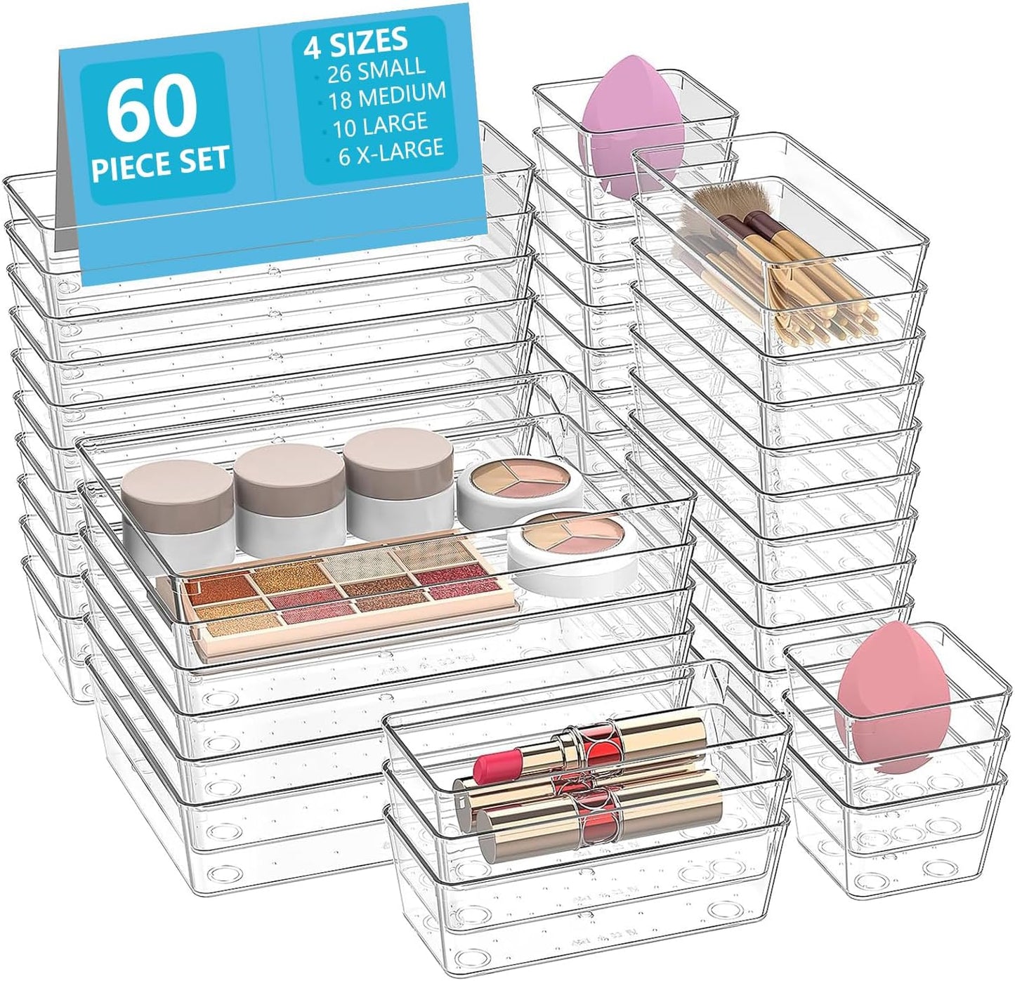 Clear Drawer Organizers Set of 13, 5-Size Vanity Organizer Trays, Stackable Bathroom & Desk Drawer Organizer for Makeup, Jewelry, Kitchen Utensils, Office Supplies and Small Gadgets Storage