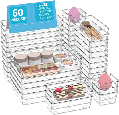 Clear Drawer Organizers Set of 13, 5-Size Vanity Organizer Trays, Stackable Bathroom & Desk Drawer Organizer for Makeup, Jewelry, Kitchen Utensils, Office Supplies and Small Gadgets Storage