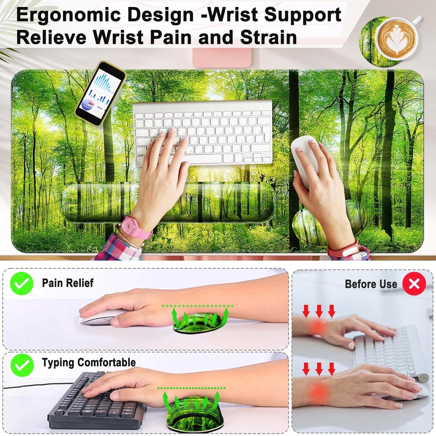 Keyboard Wrist Rest + Mouse Pad with Wrist Support + Desk Mat + Coaster 4 in 1 Set, XXL Large Gaming Mousepad Cute Ergonomic Mouse Pads for Desk Computer Laptop Office Decor-Beach