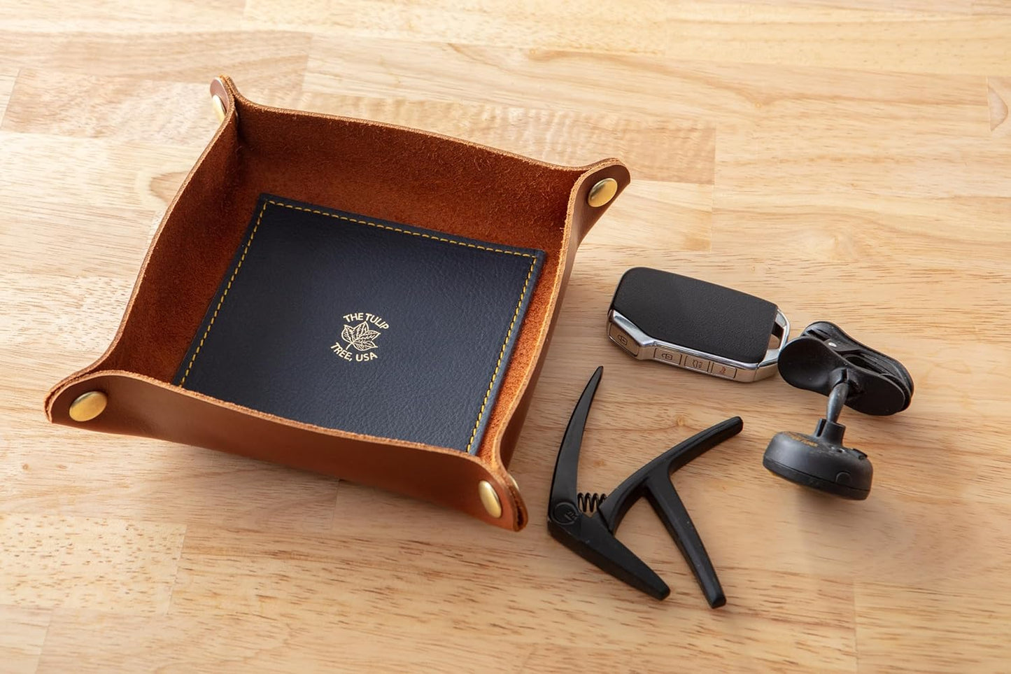 USA Handmade Premium Leather Valet Tray, Folds Flat! Dice Rolling Basket and Organizer with Brass Snaps - Reinforced Base - for Keys, Jewelry, Coin, EDC, Watch Storage Caddy - Black XLarge