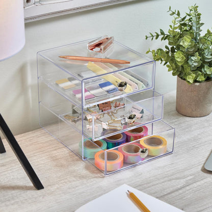 iDesign 3-Drawer Plastic Vanity Organizer, Compact Storage Organization Drawers Set for Cosmetics, Dental Supplies, Hair Care, Bathroom, Dorm, Desk, Countertop, Office, 6.5" x 6.5" x 6.5", White