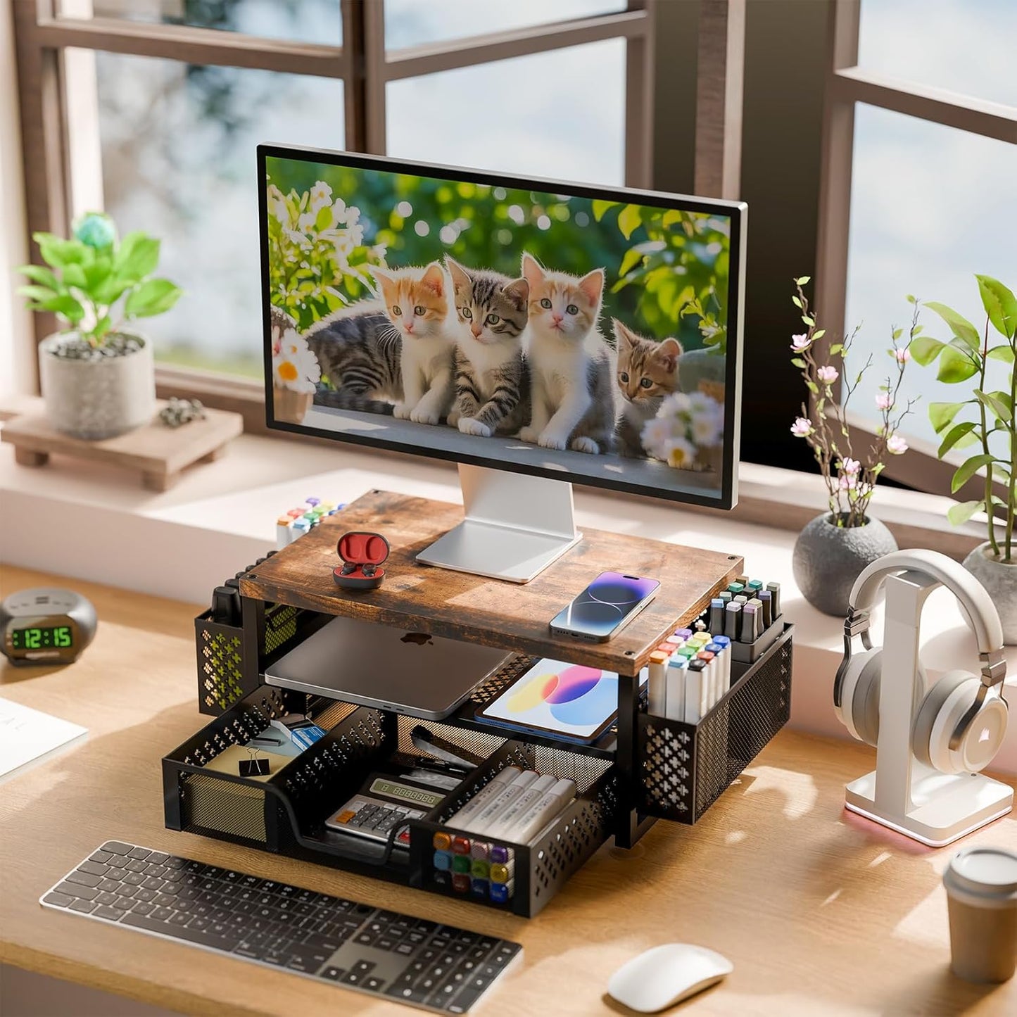 Simple Trending Desk Organizers and Accessories, Computer Monitor Stand Riser with Drawer and 2 Pen Holders, 2-Tier Computer Rack for Home Office, Wood