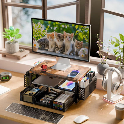 Simple Trending Desk Organizers and Accessories, Computer Monitor Stand Riser with Drawer and 2 Pen Holders, 2-Tier Computer Rack for Home Office, Wood