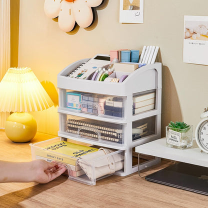 Desk Organizer with 4 Drawer Storage, Desktop Drawers Organizer for Office/School Supplies, Plastic Stationary Makeup Organizer, Desk Storage Box Organizer for Office, School, Bathroom