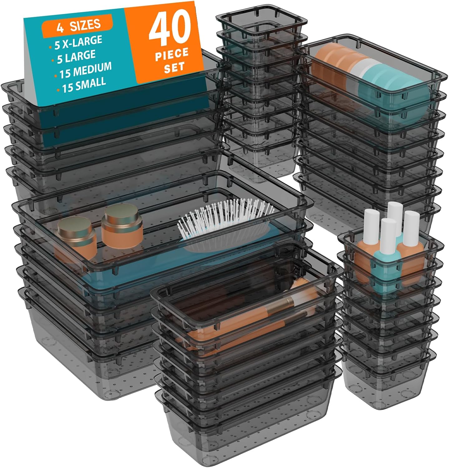 WOWBOX 32 PCS Clear Plastic Drawer Organizer Set, 4 Sizes Desk Drawer Organization and Storage Containers for Makeup, Cosmetics, Jewelry and Gadgets in Kitchen, Bathroom, Bedroom, Office, Clear Black