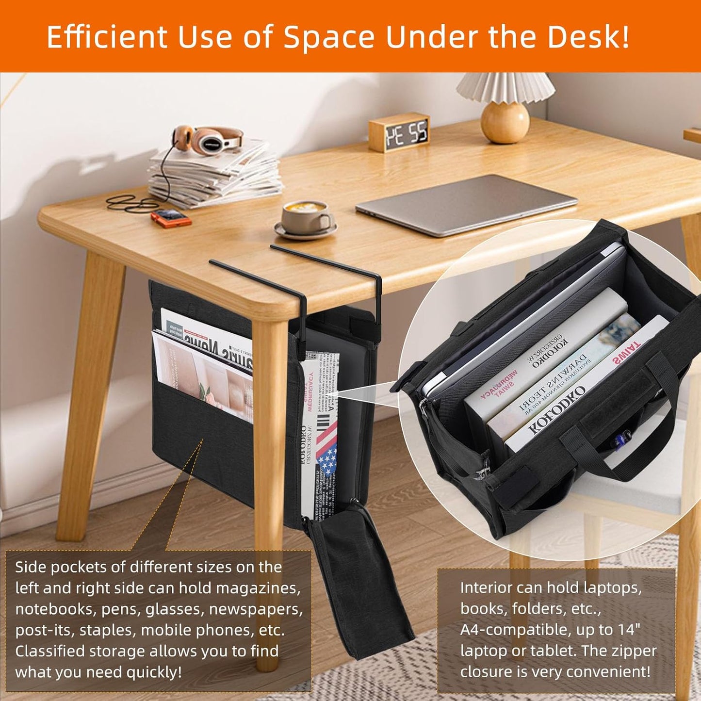 MASTLU Under Desk Hanging Storage Bag, Desk Organizer Storage, Office Side Storage Bag, Compatible with A4 Files, Detachable Handle Design, No Assembly Required, For Office Home School (Black)