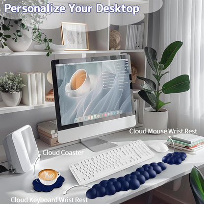 Sushret Cloud Wrist Rest for Keyboard and Mouse, Memory Foam PU Leather Keyboard Wrist Rest with Ergonomic Support, Non-Slip Base, Cute Arm Rest Pad & Palm Cushion, Office Desk Accessory, White