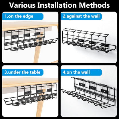 2 Pack DELAMU Under Desk Cable Management Tray, Metal Cord Cable Organizer for Desk, Easy Install Pre-drilled Wire Management Wire Organizer for Office & Home