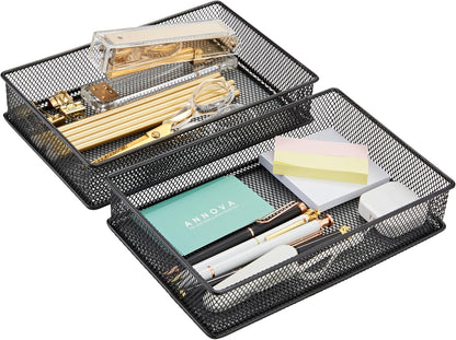 Annova Stackable Mesh Drawer Cabinet and Shelf Organizer Bins Storage Basket School Office Supply Holder Tray- Set of 2 (Gold, 3x3x2 Inch)