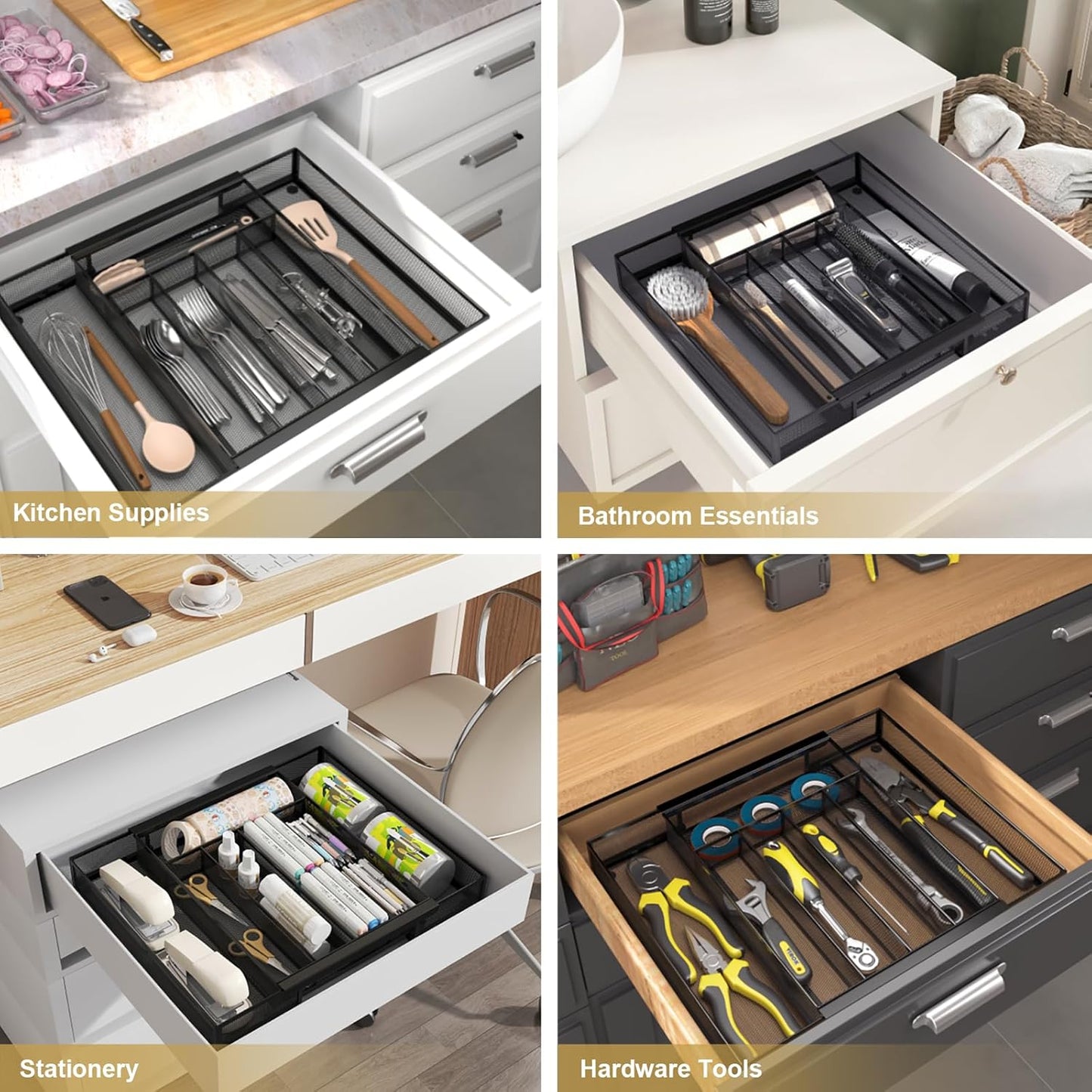 Sedegn Silverware Organizer Metal Mesh, Small Drawer Organizer, Utensil Cutlery Tray for kitchen drawers, Flatware Organizer with 5 Compartment, Black(9.3"*12.6")