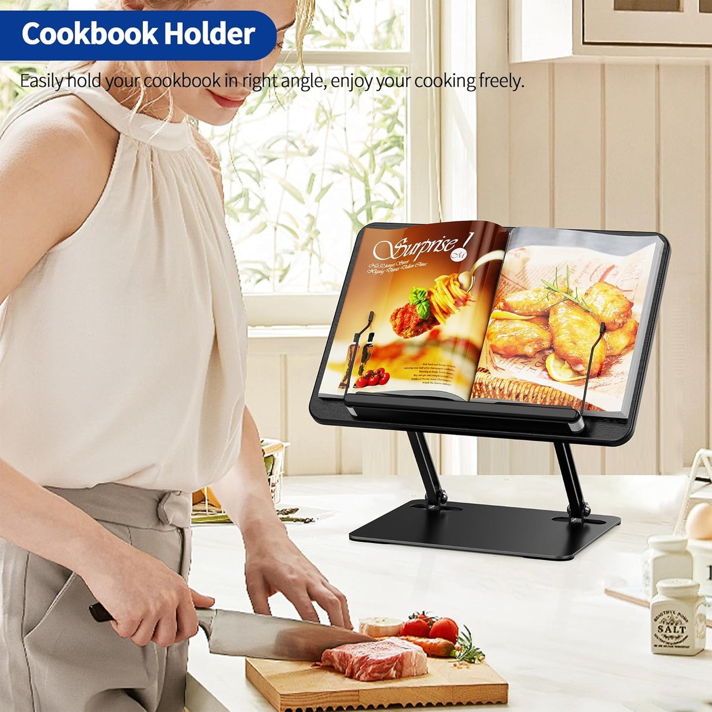 BESIGN BS01 Book Stand for Reading, Adjustable Book Holder, Ergonomic Laptop Stand with Elastic Page Clips for Music Scores, Recipe, Tablet, Laptop (Black)